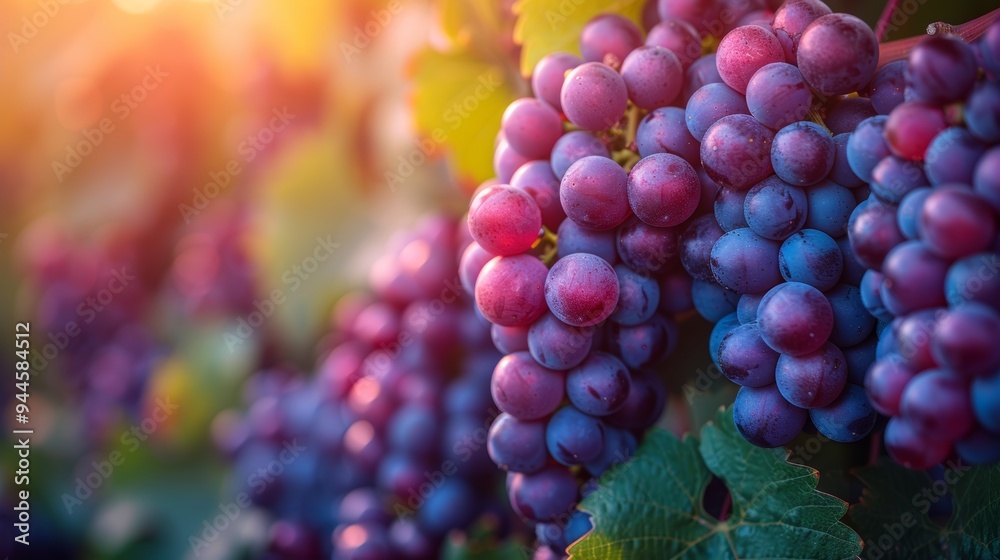 Wall mural Close-up of ripe red wine grapes in vineyard at sunset