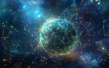 Obraz premium Interconnected Glowing Threads Encircling Earth from Space Highlight Global Connectivity