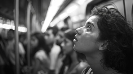 Obraz premium Young woman in crowded subway gazing thoughtfully during rush hour