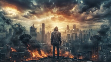 A lone man in a hooded jacket overlooks a city engulfed in flames and smoke, with a dramatic apocalyptic sky above..