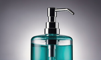 Obraz premium A silver pump dispenser sits on a gray background, filled with teal liquid