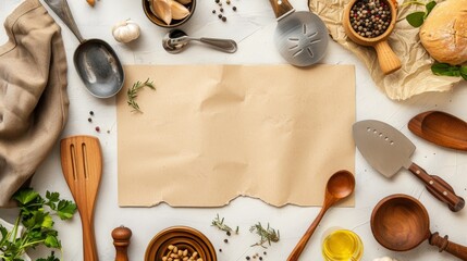 Rustic Kitchen Background with Paper and Spices.