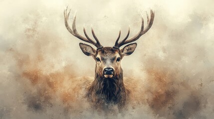 Naklejka premium 3D minimalistic deer antlers, abstract watercolor background in soft earthy tones, delicate brush strokes