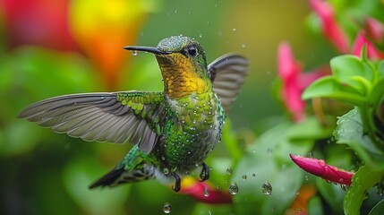 Fototapeta premium Vibrant hummingbird hovering in a lush Ecuadorian garden with feeders