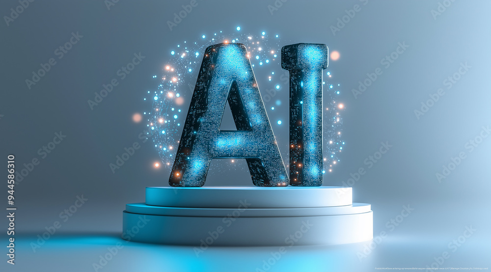 Poster Artificial intelligence ai text effect surrounded by glowing particles on podium