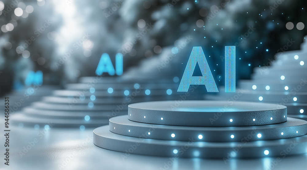 Aufkleber Blue glowing ai symbol standing on an illuminated podium with bokeh lights background