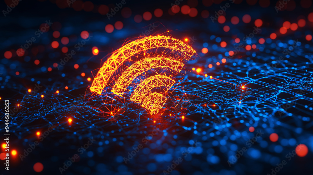 Poster Glowing wifi symbol appearing over futuristic network connection