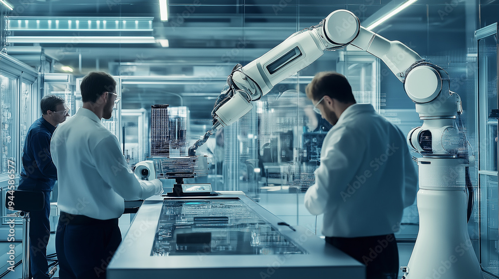 Poster Team of engineers working with a futuristic robotic arm in a modern laboratory