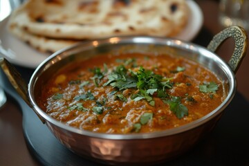 A spicy Indian curry dish garnished with fresh cilantro and accompanied by naan bread 
