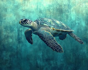 Fototapeta premium Minimalist 3D turtle silhouette, abstract watercolor ocean background, soft blues and greens