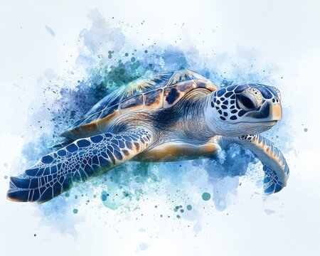 Minimalist 3D turtle silhouette, abstract watercolor ocean background, soft blues and greens