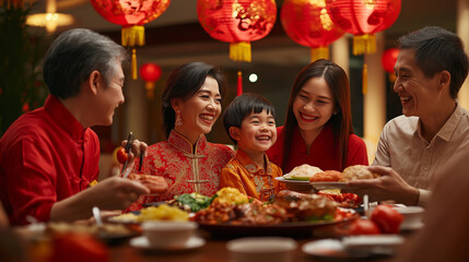 Happy asian family enjoying food celebrating chinese new year at home