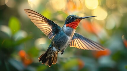 Male ruby-throated hummingbird in mid-flight with colorful background