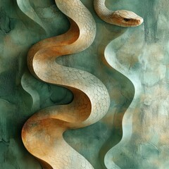 Fototapeta premium Abstract 3D snake slithering through watercolor background, muted greens and browns, minimalistic design