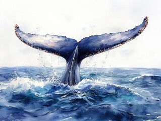 Abstract 3D whale tail in minimalistic watercolor ocean, soft blues and greys, fluid brushstrokes