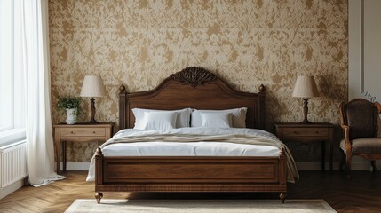 Elegant vintage-style bedroom with an carved wooden bed, beige wallpaper, and classic furnishings, creating a sophisticated and serene atmosphere for relaxation