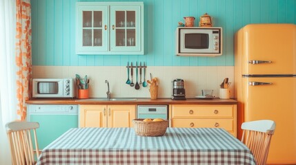 Fototapeta premium Cozy retro-style kitchen with pastel-colored cabinets, vintage appliances, and a checkered tablecloth, evoking a nostalgic and cheerful atmosphere