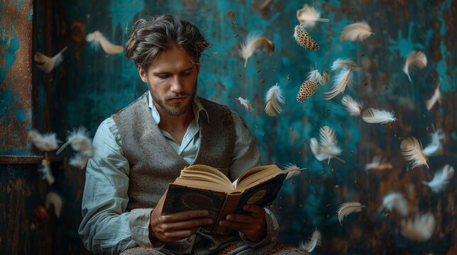 Man reading book surrounded by floating feathers and rustic background - Powered by Adobe