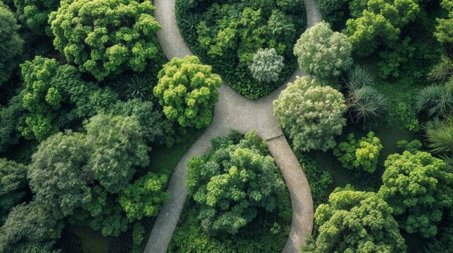An aerial shot of intersecting paths in a garden surrounded by lush, green trees, creating a natural, serene setting..