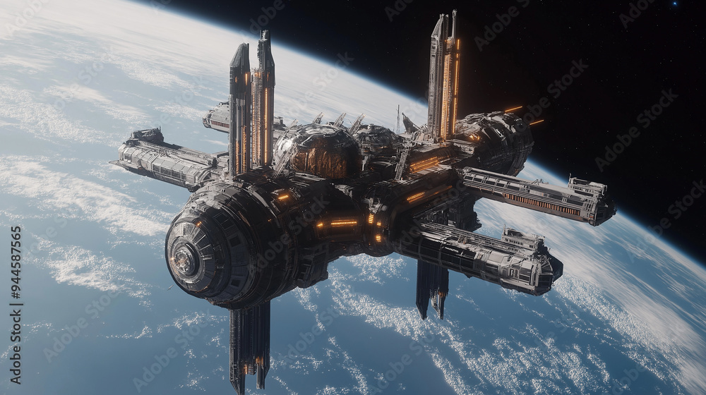 Poster futuristic spaceship orbiting planet earth in deep space