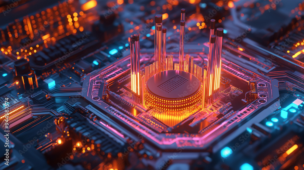 Poster central processing unit glowing with power on motherboard