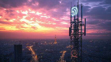 5g tower providing high speed internet to city at sunset