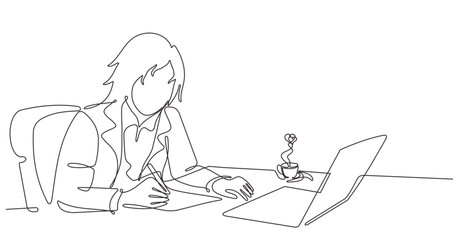 Businesswoman working in front of laptop and checking finances. Draw one continuous line