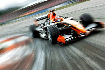 Obraz premium A vibrant racing car maneuvers at high speed during an exciting motorsport competition on an outdoor racing circuit. Generative AI