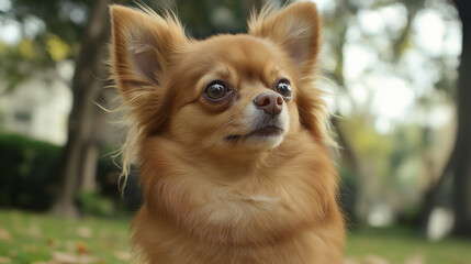 Curious long haired chihuahua dog looking up with attention