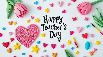 Happy teacher's day greeting card with pink tulips and colorful hearts