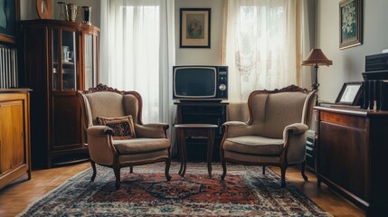 Fototapeta premium Cozy vintage living room with retro furniture, an old TV set, and a patterned rug, creating a nostalgic atmosphere