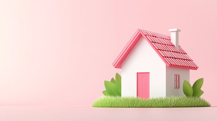 A charming miniature house surrounded by green grass and leaves, set against a soft pink background, perfect for home and real estate themes.