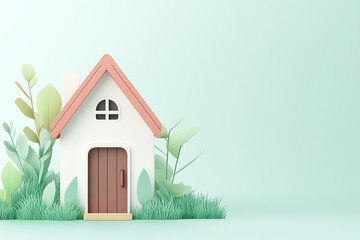 A charming minimalistic house surrounded by green foliage, perfect for promoting eco-friendly living and home decoration concepts.