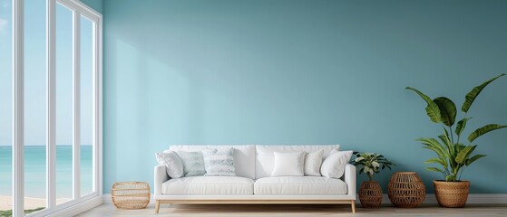 Bright and airy living room with a light sofa, plant, and coastal view creating a peaceful atmosphere.