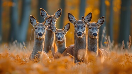Group of red deer in autumn forest during rutting season