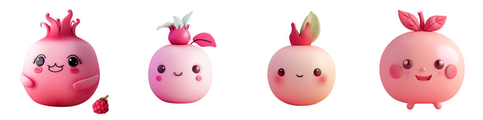 Fototapeta premium Charming pink fruit characters with playful expressions, perfect for children's media, illustrations, or playful designs.