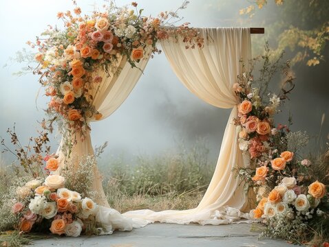 Abstract watercolor wedding arch with pastel tones, minimalistic design, soft floral accents, serene backdrop