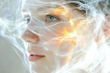 A close up profile of a woman with ethereal light and digital patterns surrounding her face symbolizing the fusion of human identity and futuristic technology in a serene and abstract setting