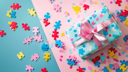 Obraz premium Colorful puzzle pieces and gift box on pink and blue background.