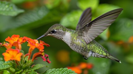 Fototapeta premium Ruby throated hummingbird sipping nectar from vibrant orange flowers