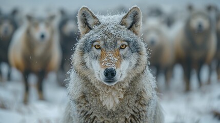 Naklejka premium Majestic wolf standing in front of blurred sheep in snowy landscape