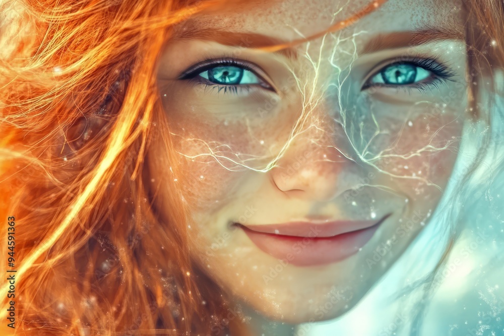 Wall mural a young woman with bright blue eyes and freckles her face illuminated by ethereal light and soft spa