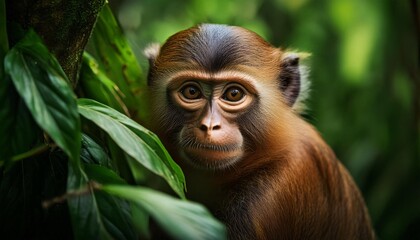 Fototapeta premium Portrait of a monkey among greenery