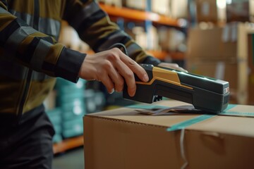 Worker Sealing Cardboard Box with Tape Gun