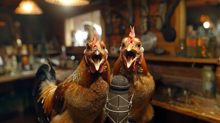 Two lively roosters singing together at a vintage microphone