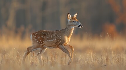 White-tailed deer running gracefully through sunlit meadow