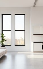 Spacious modern living room featuring large windows, minimalist decor, and natural light illuminating a cozy atmosphere.