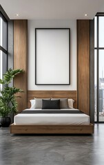 Stylish modern bedroom featuring a wooden bed, large window, and minimalist decor with a touch of greenery.