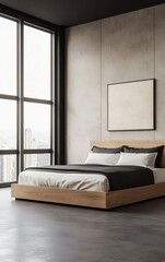 Stylish modern bedroom featuring a minimalistic wooden bed, elegant bedding, and large windows with city view for a serene atmosphere.