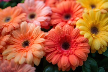Gerbera Daisy Bouquet: A vibrant close-up shot of a bouquet of Gerbera Daisies in various shades of pink, orange, and yellow, with water droplets glistening on the petals, captures the beauty